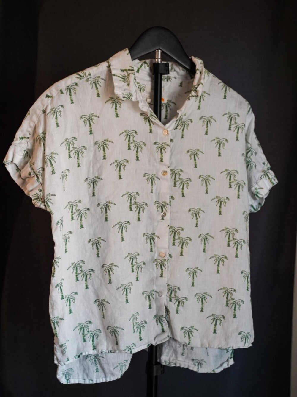 C&C California White Green Palm Tree 100% Linen Button Up Shirt Women's Medium